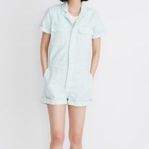 Madewell Teal Denim Coverall Short Romper- Small
